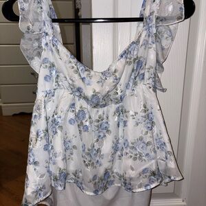 SHEIN Floral Ruffle Blouse - Blue and White